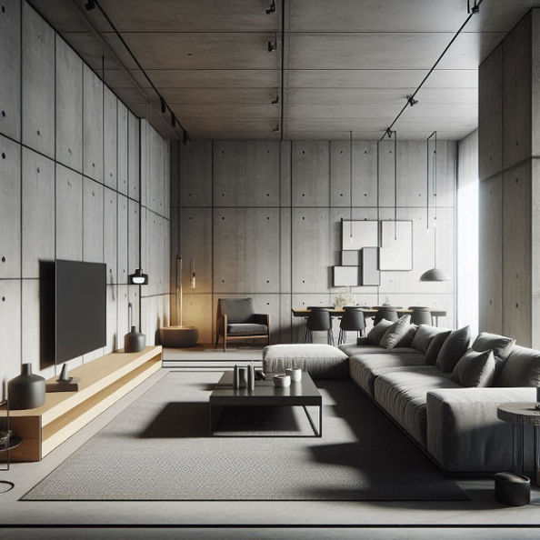 A modern living room with sleek concrete walls, steel fixtures, and minimalist furniture.