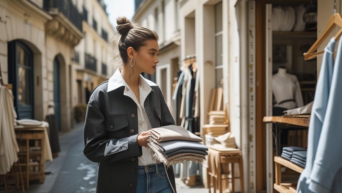 Young designer meeting local artisan outside Paris workshop holding colorful fabrics in daylight.