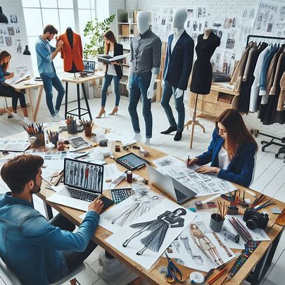 Designers working on clothing and interior sketches simultaneously in a studio.