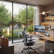 A working table in the center of a room inside the house where a potted plant is placed near the computer monitor.