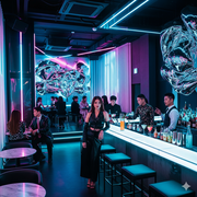 A dimly lit, modern bar in Seoul with neon lights, sleek furniture, and stylish patrons.