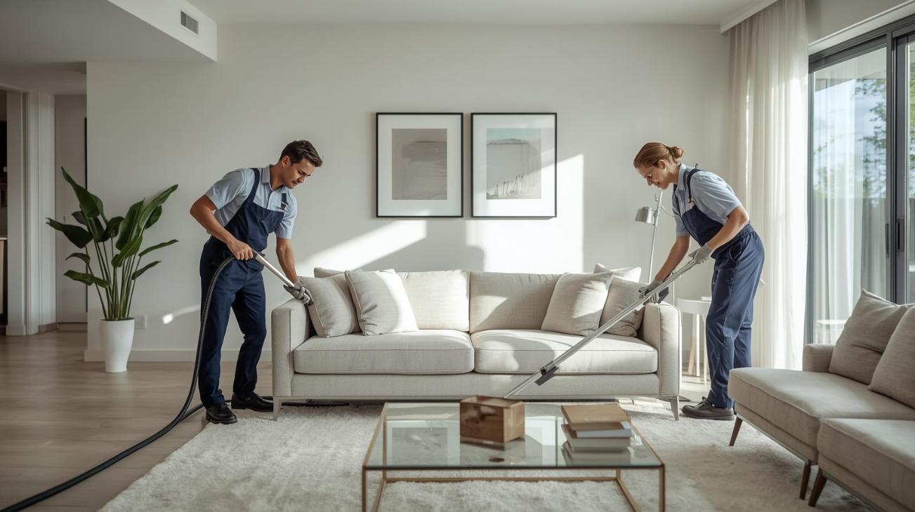 Two Sunshine Coast cleaners smile while deep cleaning a designer sofa in sunlight.