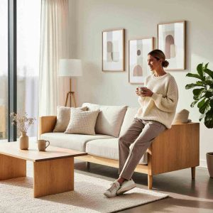 Scandinavian-inspired living room with neutral tones, wooden furniture, soft natural lighting, minimalist decor paired with a stylish woman wearing simple Nordic fashion in neutral colors, cozy modern lifestyle scene.