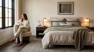A chic boutique hotel-inspired bedroom with elegant neutral decor and linen bedding
