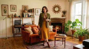 A stylish woman in vintage-inspired fashion standing inside a cozy retro-modern living room