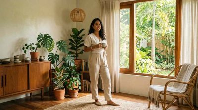A stylish woman in a thoughtfully coordinated sustainable outfit standing in a beautifully designed eco-conscious home with vintage furniture.